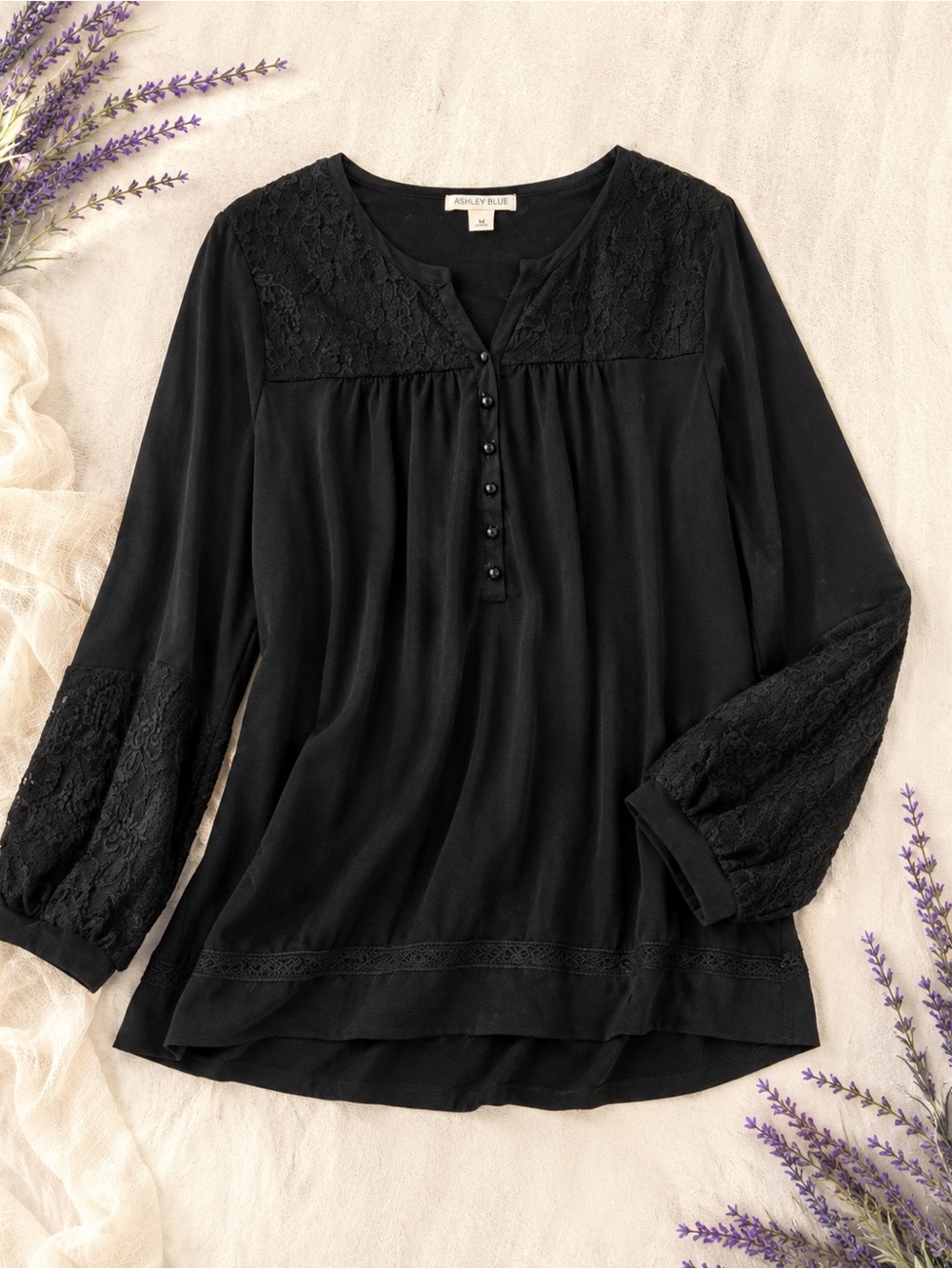Ashley Blue Black Lace Detail Boho Blouse Soft Feminine Top Medium
